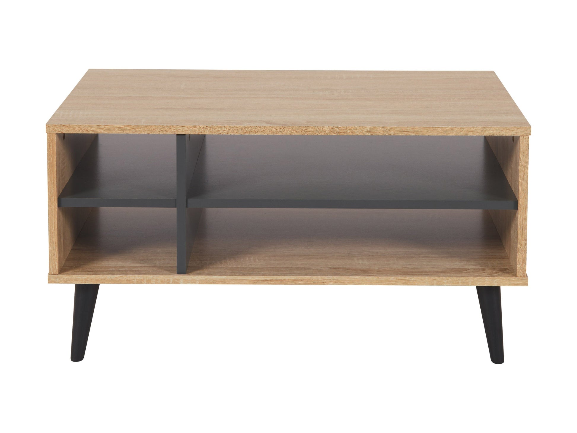 Light wood rectangle coffee table with grey storage shelves, sleek modern design, sturdy legs, and smooth finish; perfect for living room organization and contemporary decor.