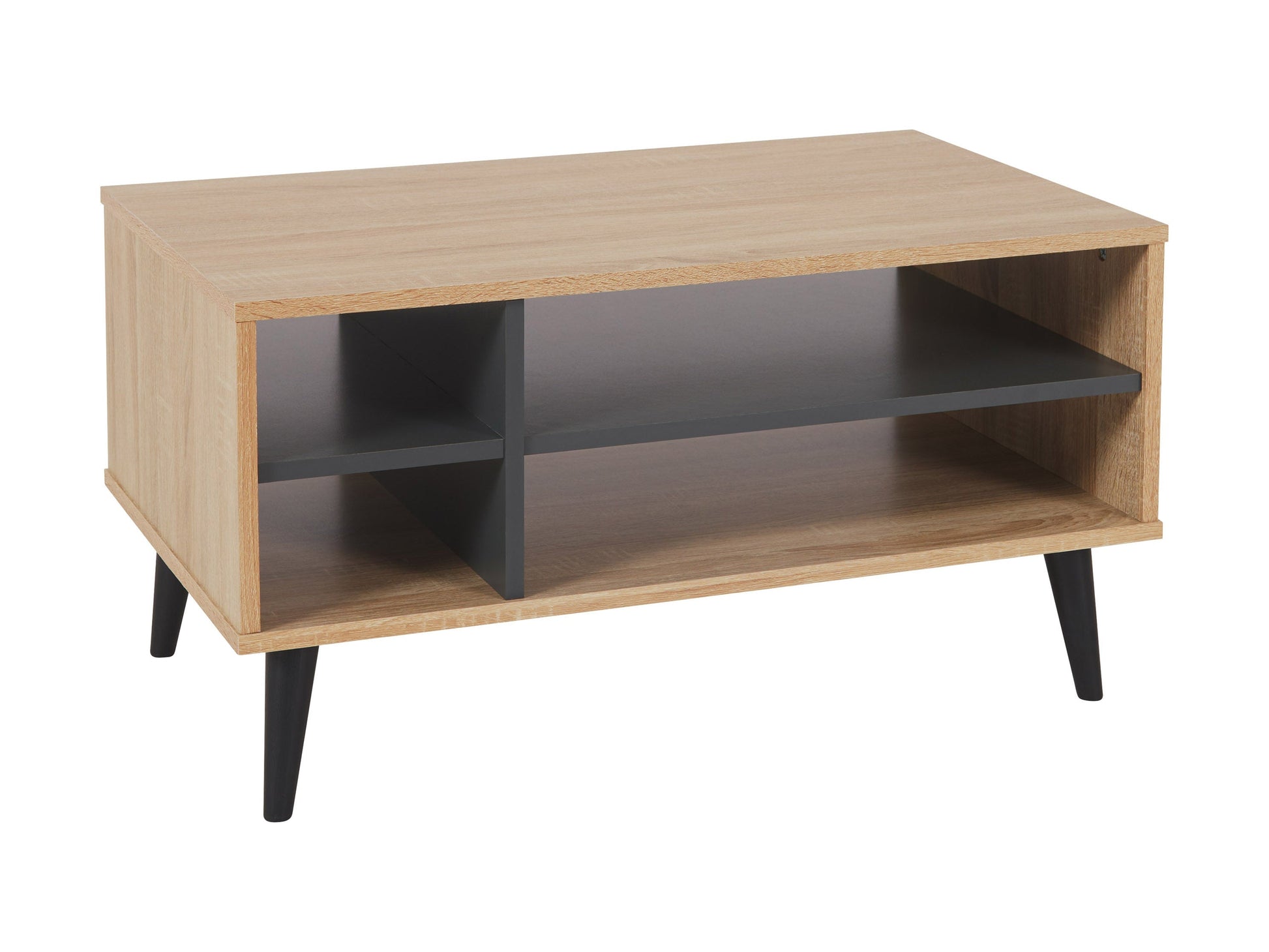 Light wood rectangle coffee table with grey storage shelves, sleek modern design, sturdy legs, and smooth finish; perfect for living room organization and contemporary decor.