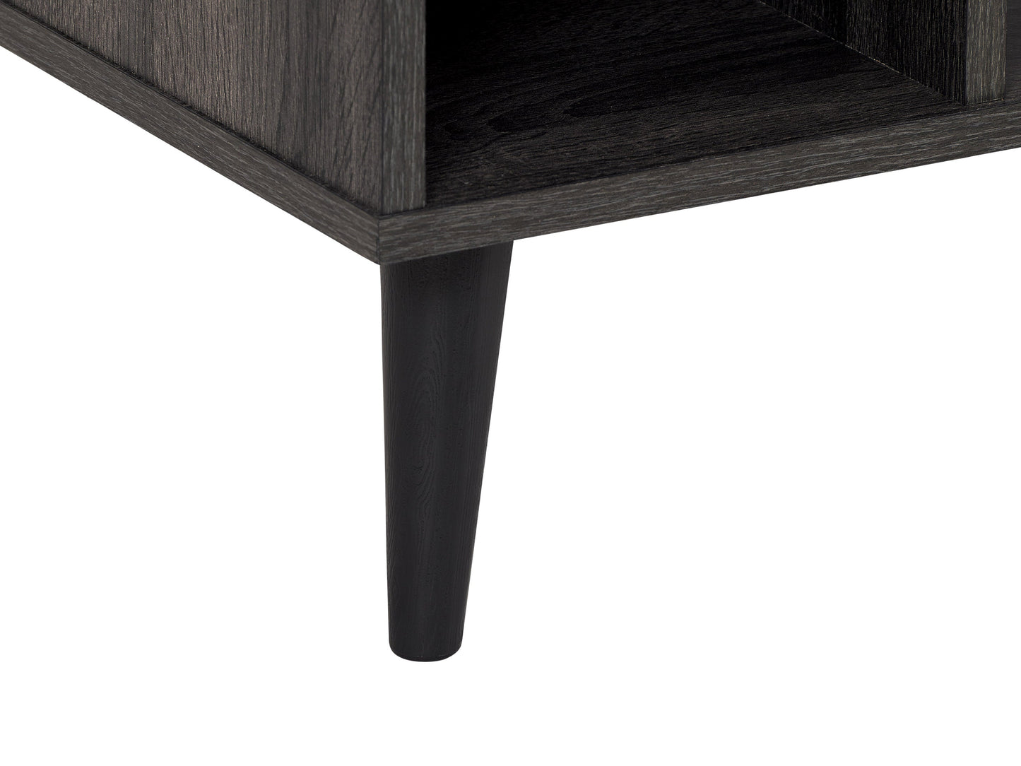 Dark grey rectangle coffee table with storage shelf, featuring a sleek wooden finish and minimalist design. Ideal for modern living rooms, providing ample space for books, decor, and essentials.
