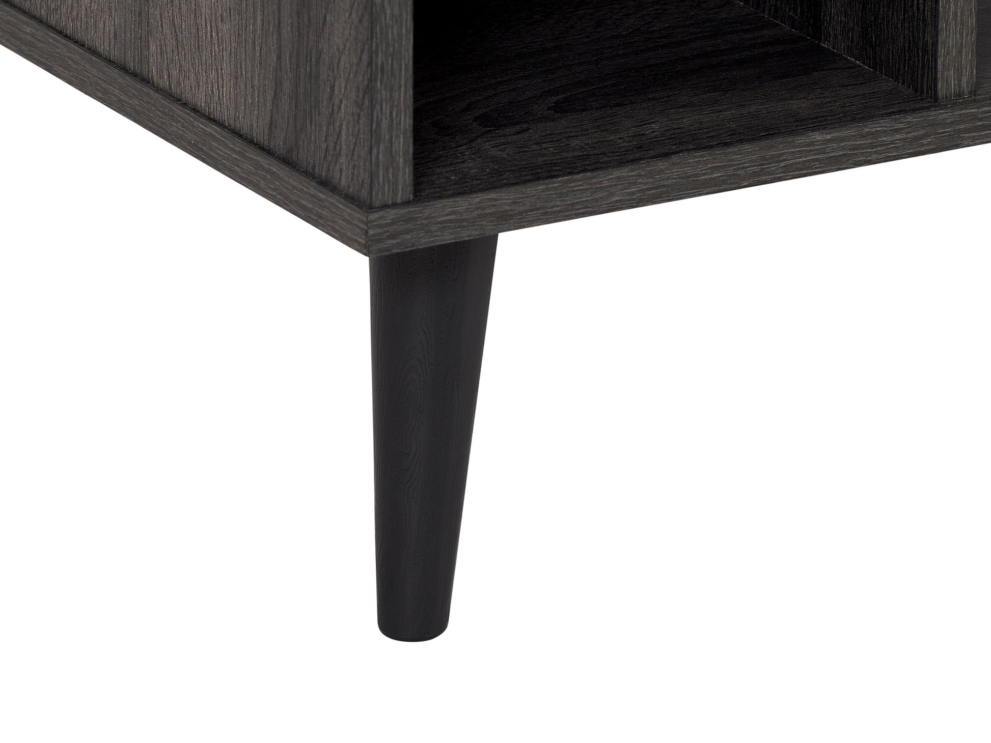 Dark grey rectangle coffee table with storage shelf, featuring a sleek wooden finish and minimalist design. Ideal for modern living rooms, providing ample space for books, decor, and essentials.