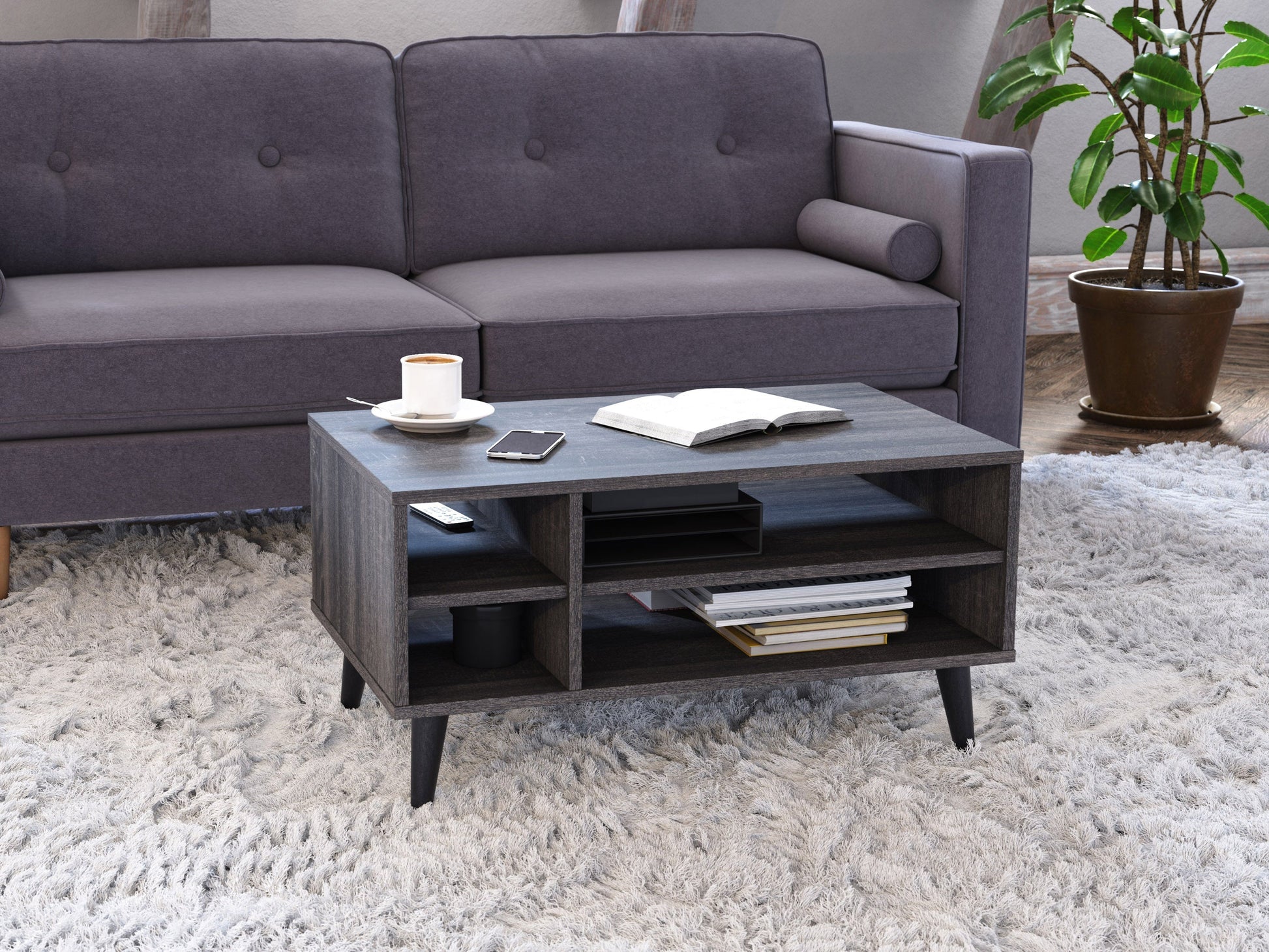 Dark grey rectangle coffee table with storage shelf, featuring a sleek wooden finish and minimalist design. Ideal for modern living rooms, providing ample space for books, decor, and essentials.