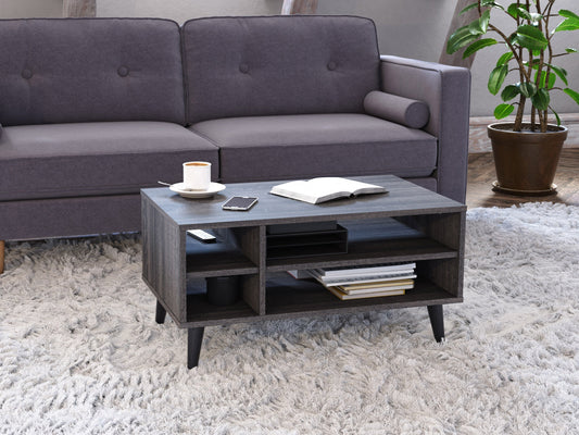 Dark grey rectangle coffee table with storage shelf, featuring a sleek wooden finish and minimalist design. Ideal for modern living rooms, providing ample space for books, decor, and essentials.