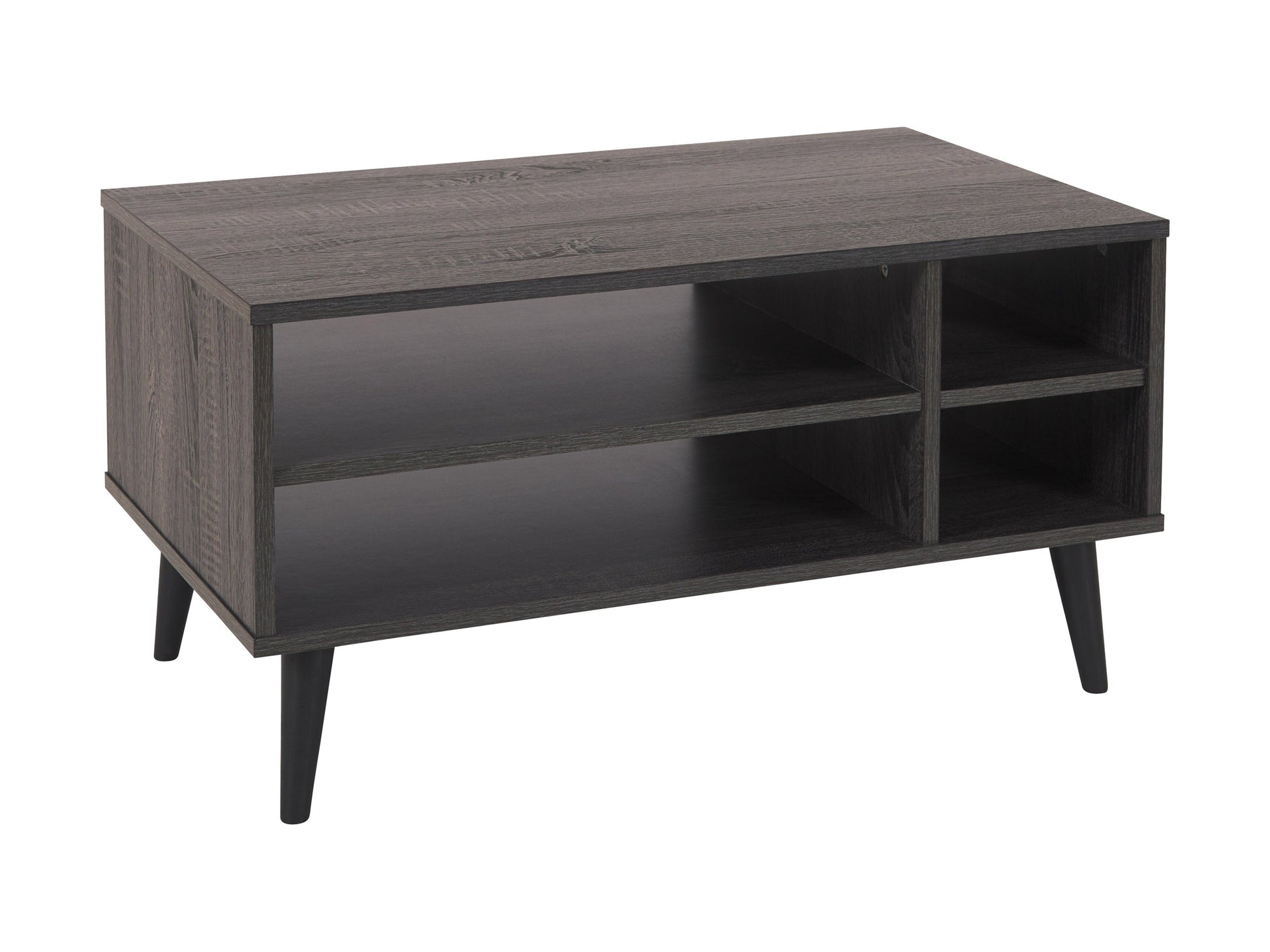 Dark grey rectangle coffee table with storage shelf, featuring a sleek wooden finish and minimalist design. Ideal for modern living rooms, providing ample space for books, decor, and essentials.
