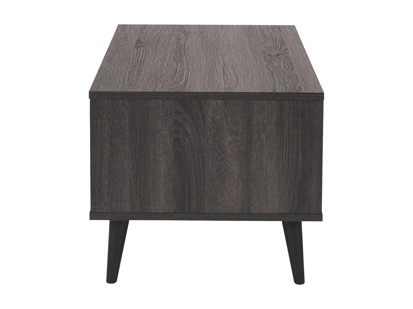 Dark grey rectangle coffee table with storage shelf, featuring a sleek wooden finish and minimalist design. Ideal for modern living rooms, providing ample space for books, decor, and essentials.