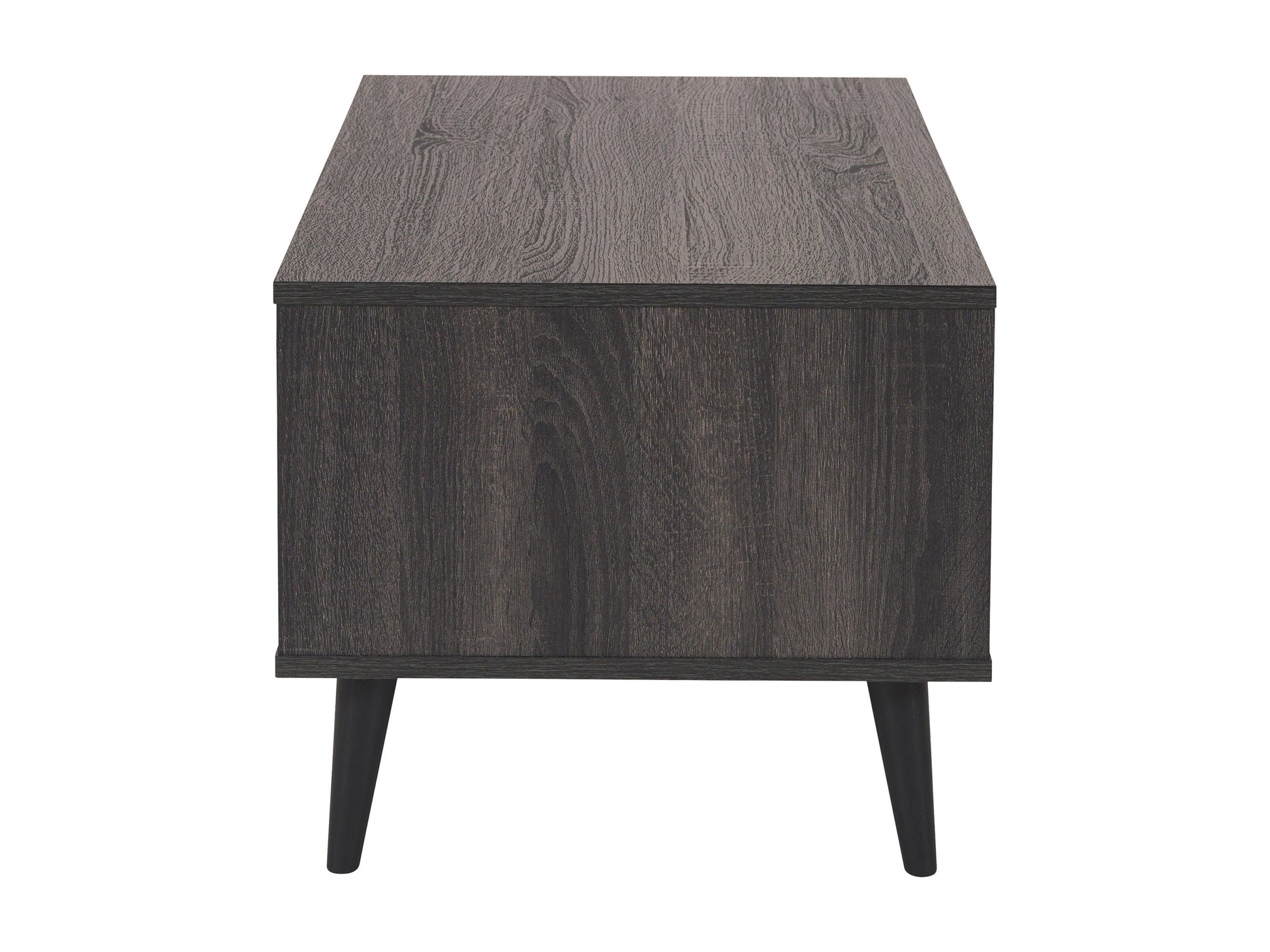 Dark grey rectangle coffee table with storage shelf, featuring a sleek wooden finish and minimalist design. Ideal for modern living rooms, providing ample space for books, decor, and essentials.