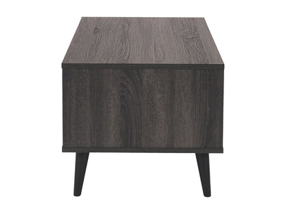 Dark grey rectangle coffee table with storage shelf, featuring a sleek wooden finish and minimalist design. Ideal for modern living rooms, providing ample space for books, decor, and essentials.