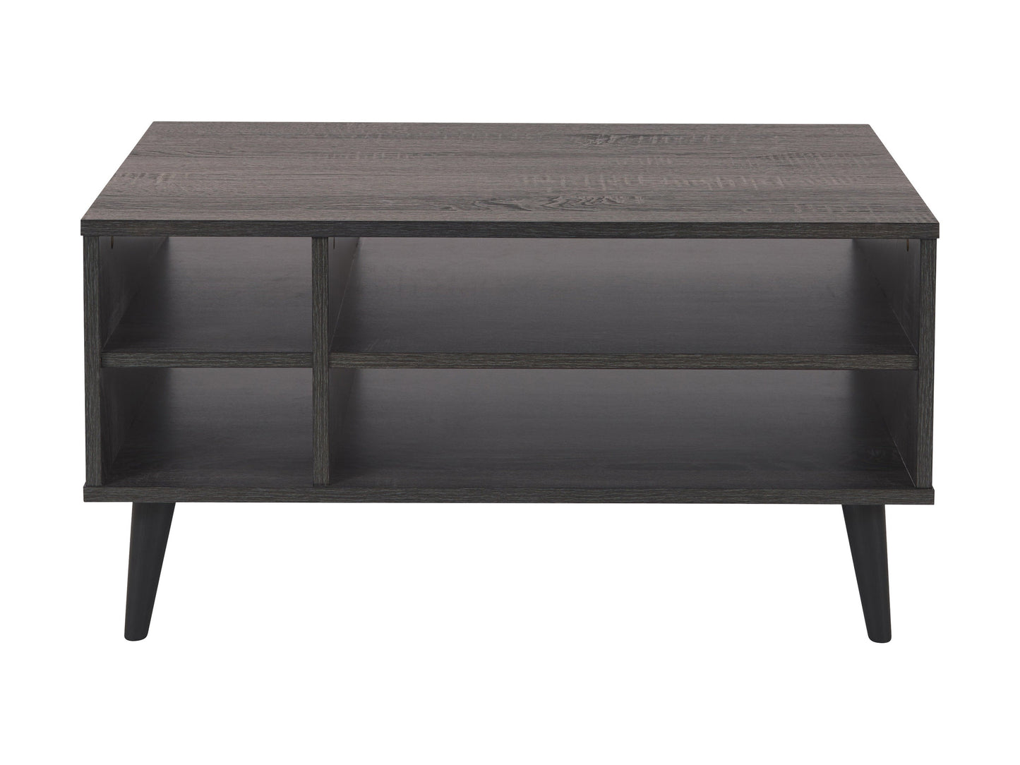 Dark grey rectangle coffee table with storage shelf, featuring a sleek wooden finish and minimalist design. Ideal for modern living rooms, providing ample space for books, decor, and essentials.