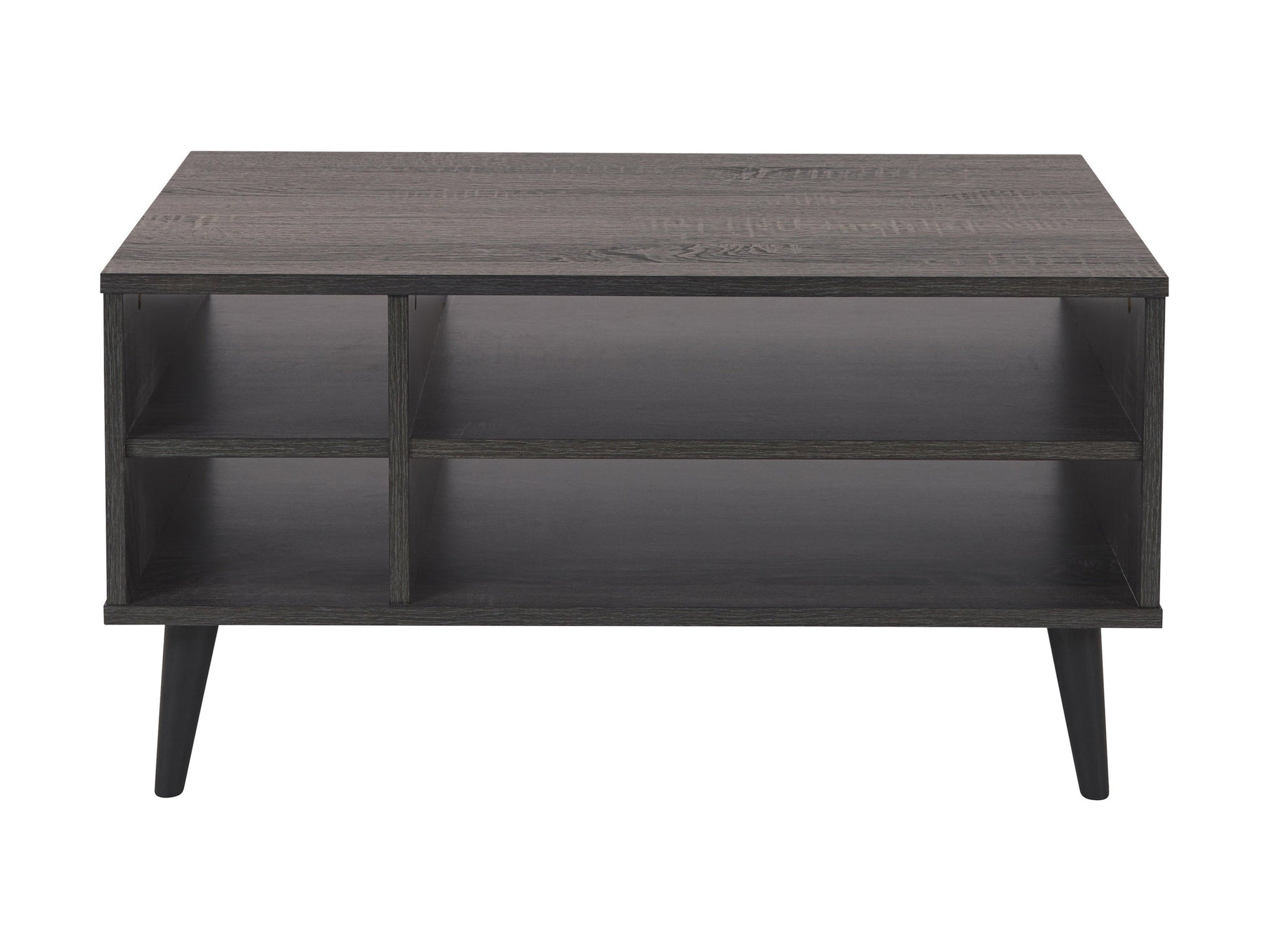 Dark grey rectangle coffee table with storage shelf, featuring a sleek wooden finish and minimalist design. Ideal for modern living rooms, providing ample space for books, decor, and essentials.