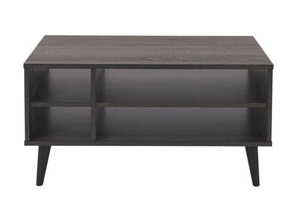 Dark grey rectangle coffee table with storage shelf, featuring a sleek wooden finish and minimalist design. Ideal for modern living rooms, providing ample space for books, decor, and essentials.
