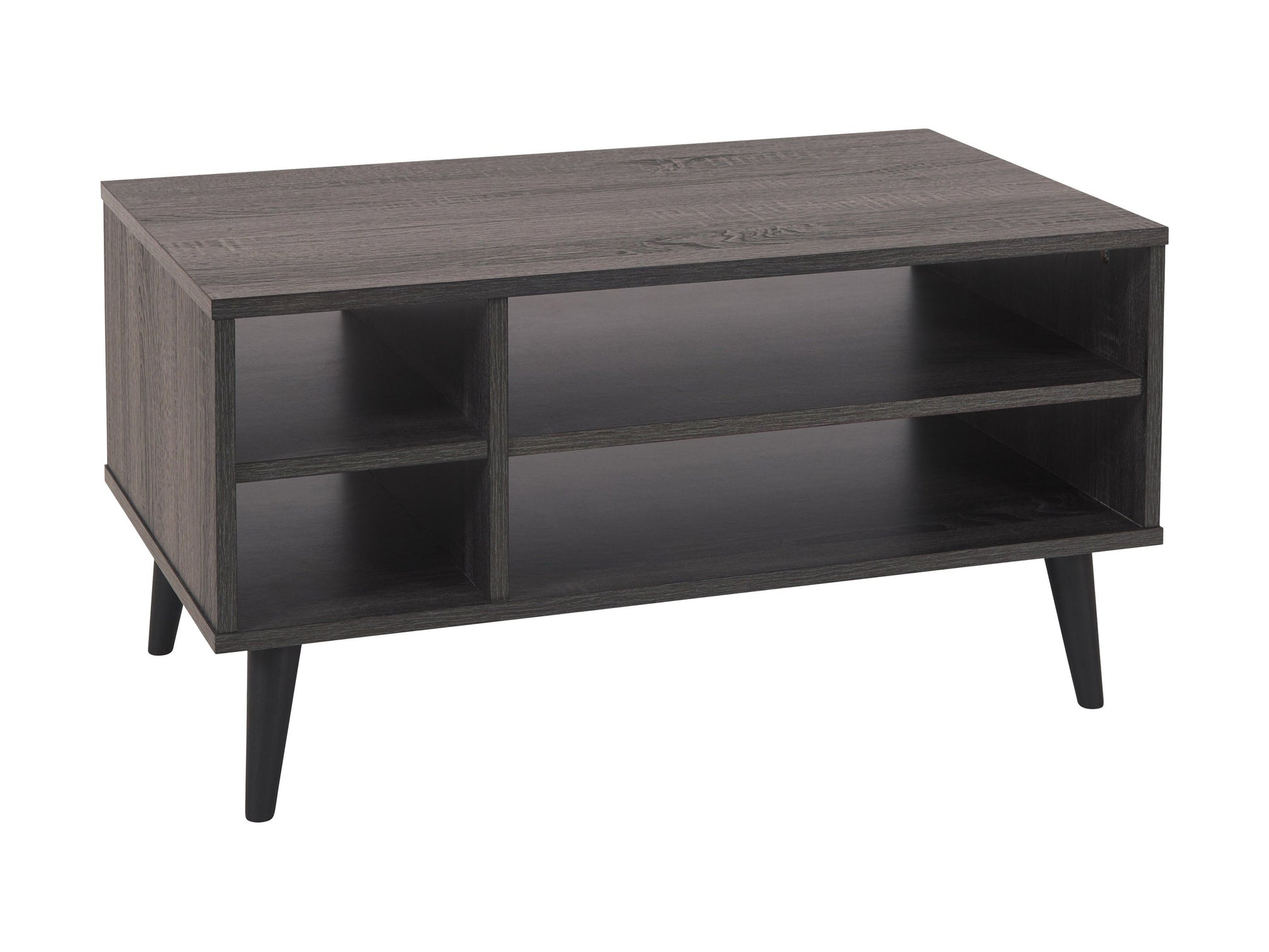 Dark grey rectangle coffee table with storage shelf, featuring a sleek wooden finish and minimalist design. Ideal for modern living rooms, providing ample space for books, decor, and essentials.
