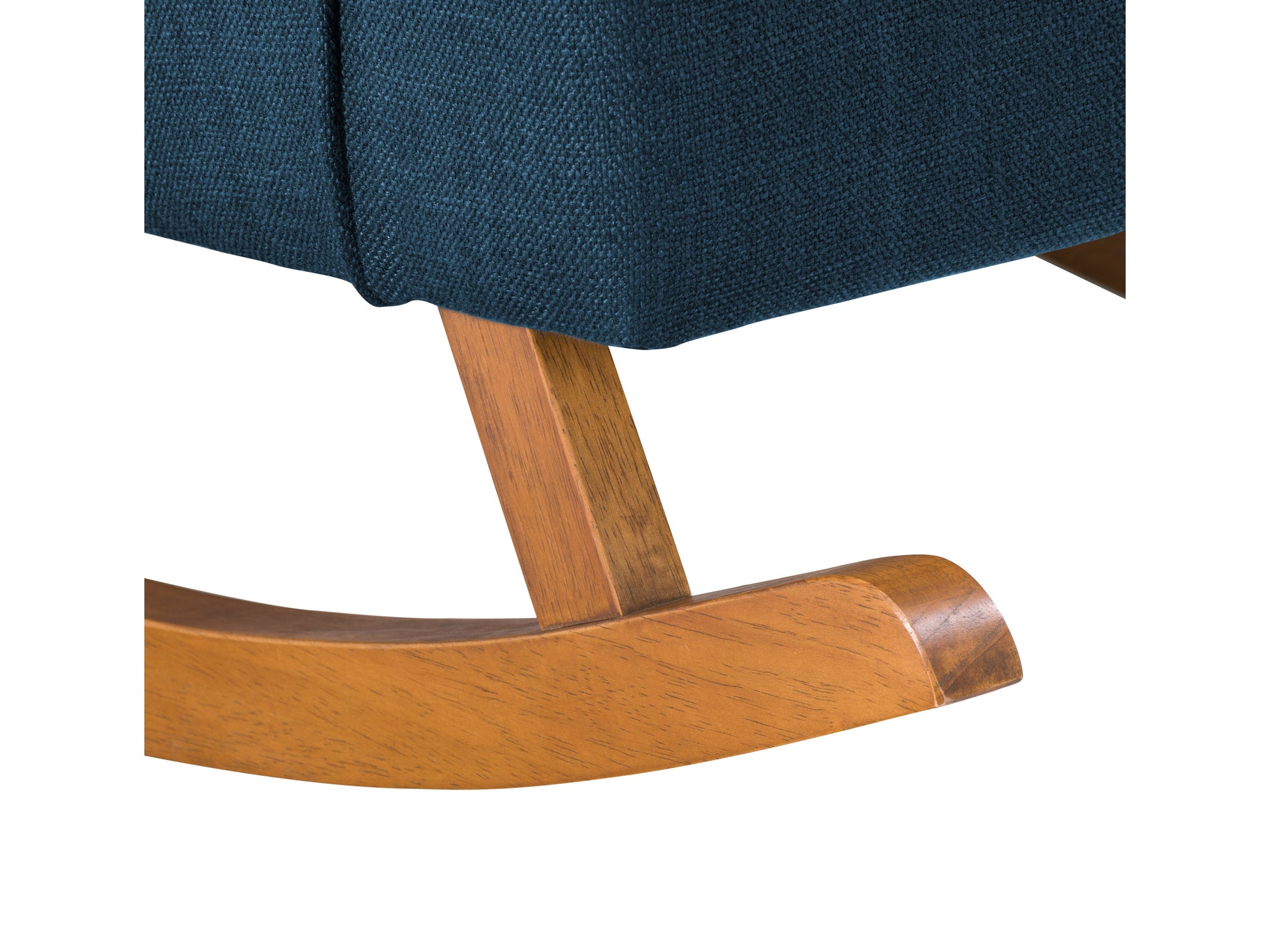 Blue wooden rocking chair with curved armrests, slatted backrest, and cushioned seat. Ideal for living rooms and nurseries. Classic design with a smooth finish, perfect for relaxation and home decor.