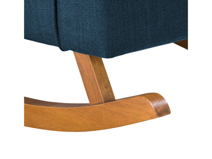 Blue wooden rocking chair with curved armrests, slatted backrest, and cushioned seat. Ideal for living rooms and nurseries. Classic design with a smooth finish, perfect for relaxation and home decor.