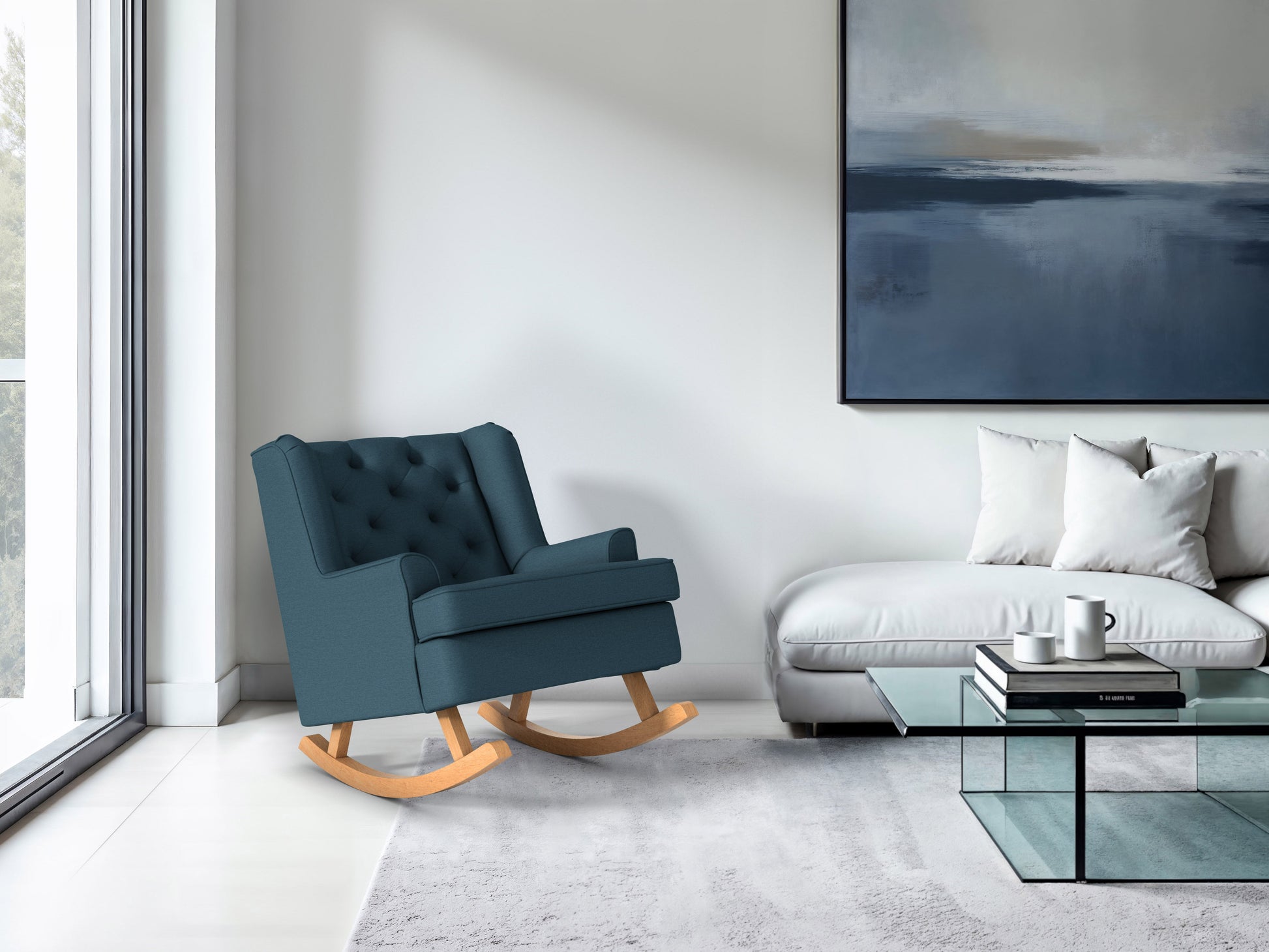 Blue wooden rocking chair with curved armrests, slatted backrest, and cushioned seat. Ideal for living rooms and nurseries. Classic design with a smooth finish, perfect for relaxation and home decor.