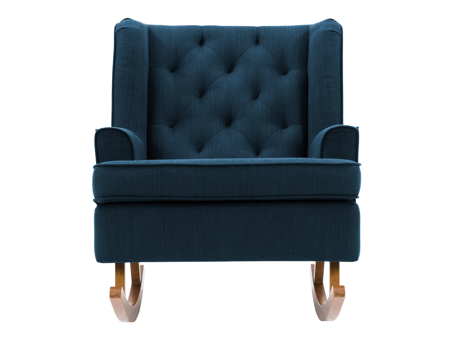 Blue wooden rocking chair with curved armrests, slatted backrest, and cushioned seat. Ideal for living rooms and nurseries. Classic design with a smooth finish, perfect for relaxation and home decor.