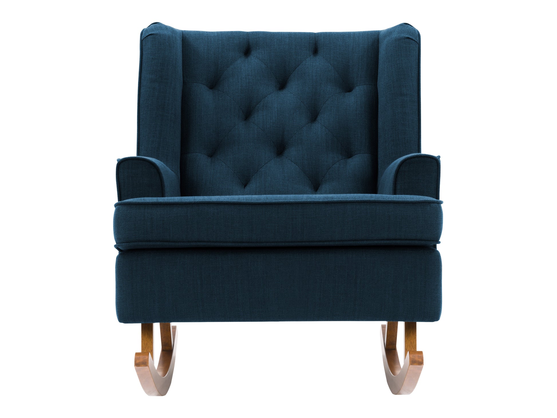 Blue wooden rocking chair with curved armrests, slatted backrest, and cushioned seat. Ideal for living rooms and nurseries. Classic design with a smooth finish, perfect for relaxation and home decor.