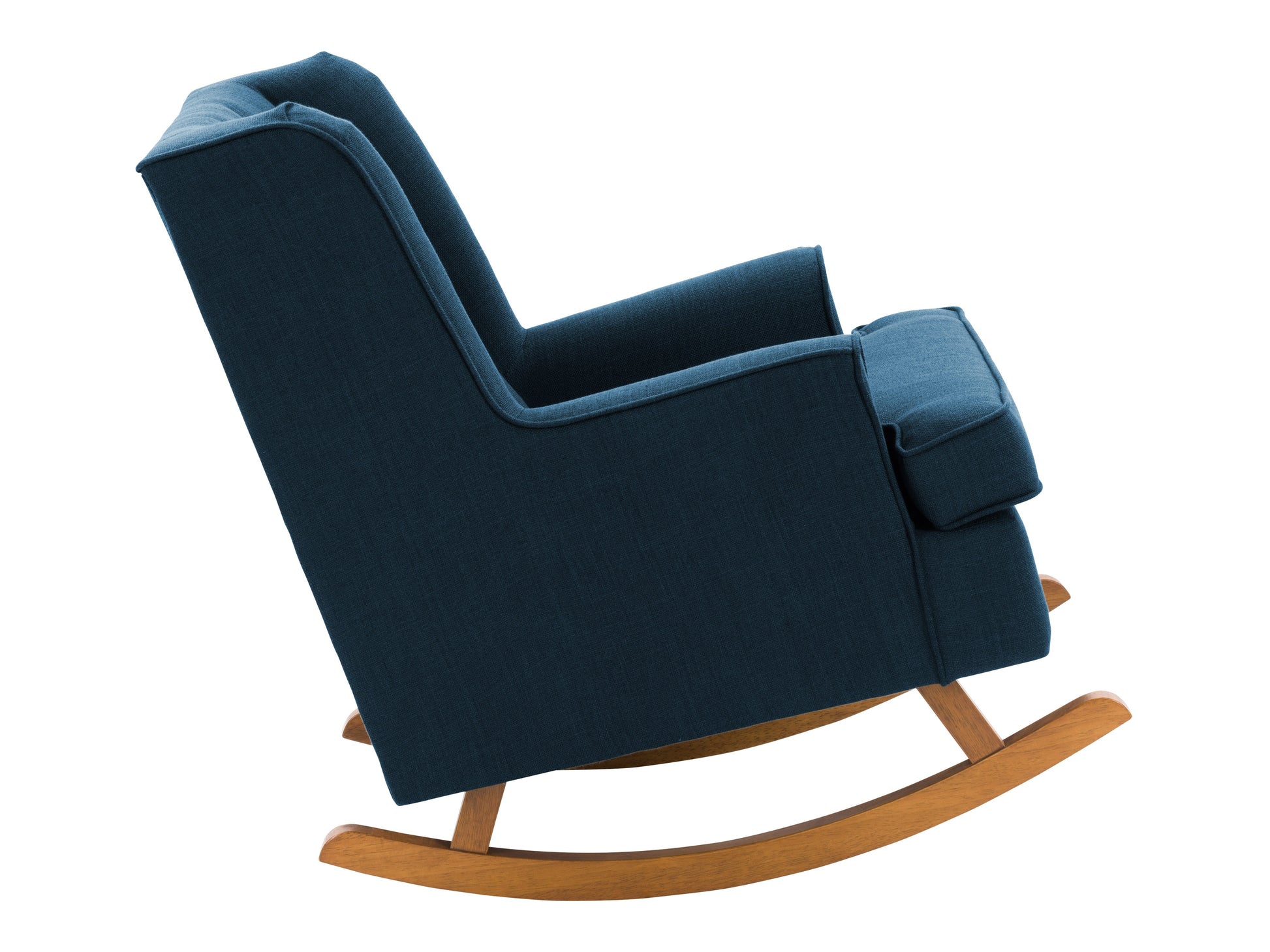 Blue wooden rocking chair with curved armrests, slatted backrest, and cushioned seat. Ideal for living rooms and nurseries. Classic design with a smooth finish, perfect for relaxation and home decor.