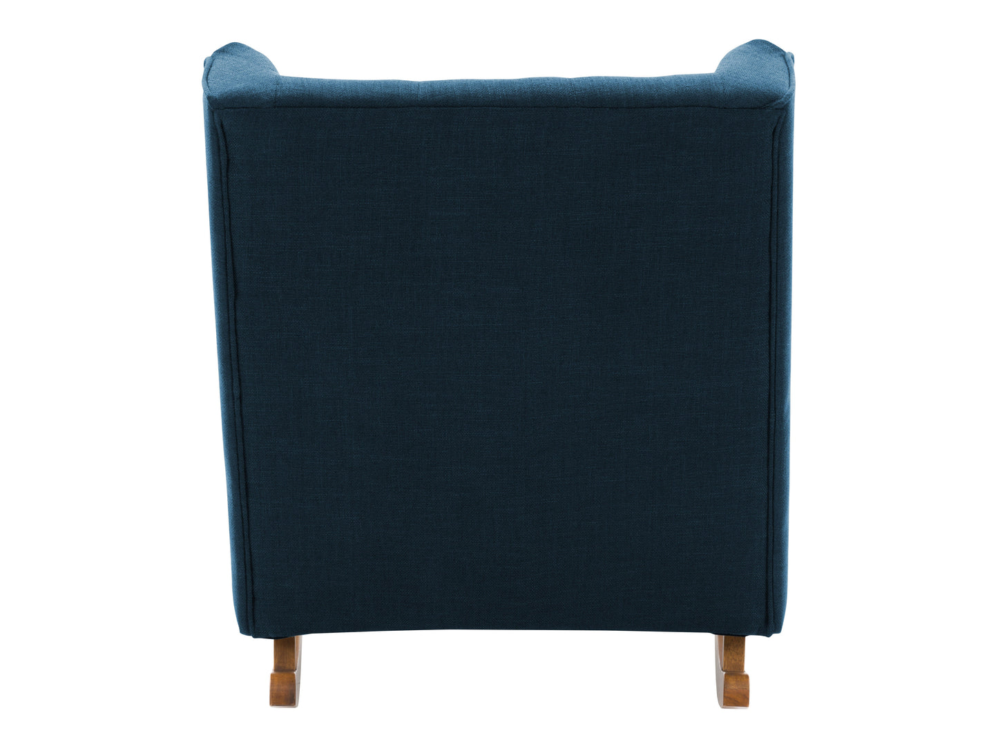 Blue wooden rocking chair with curved armrests, slatted backrest, and cushioned seat. Ideal for living rooms and nurseries. Classic design with a smooth finish, perfect for relaxation and home decor.