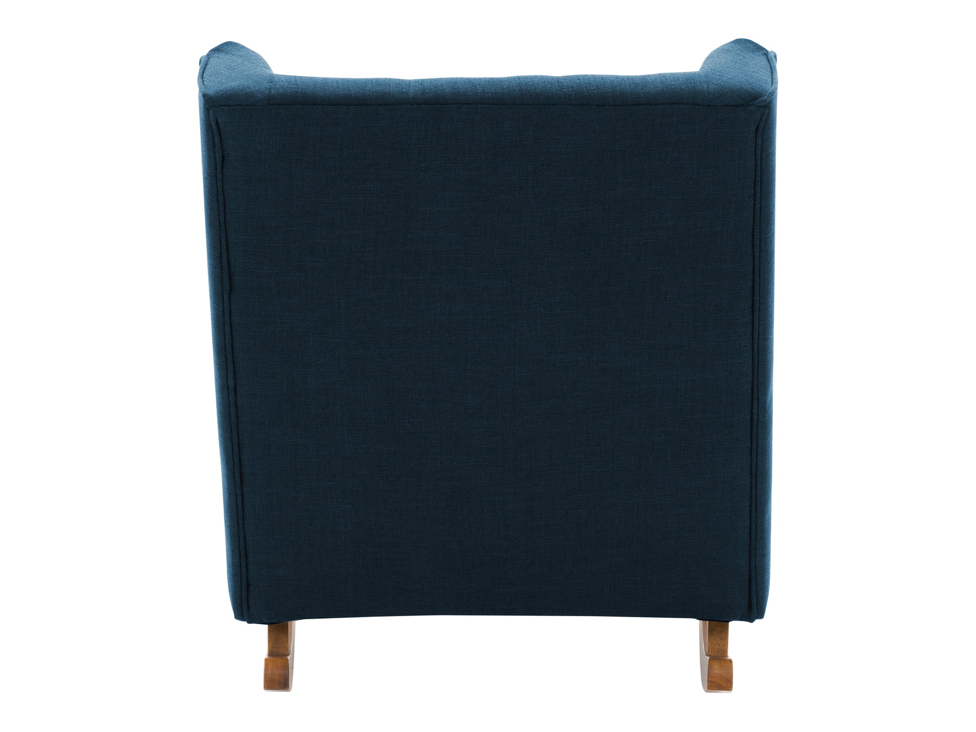 Blue wooden rocking chair with curved armrests, slatted backrest, and cushioned seat. Ideal for living rooms and nurseries. Classic design with a smooth finish, perfect for relaxation and home decor.