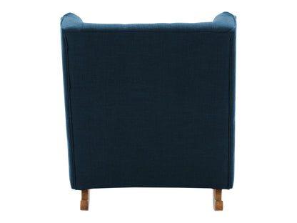 Blue wooden rocking chair with curved armrests, slatted backrest, and cushioned seat. Ideal for living rooms and nurseries. Classic design with a smooth finish, perfect for relaxation and home decor.
