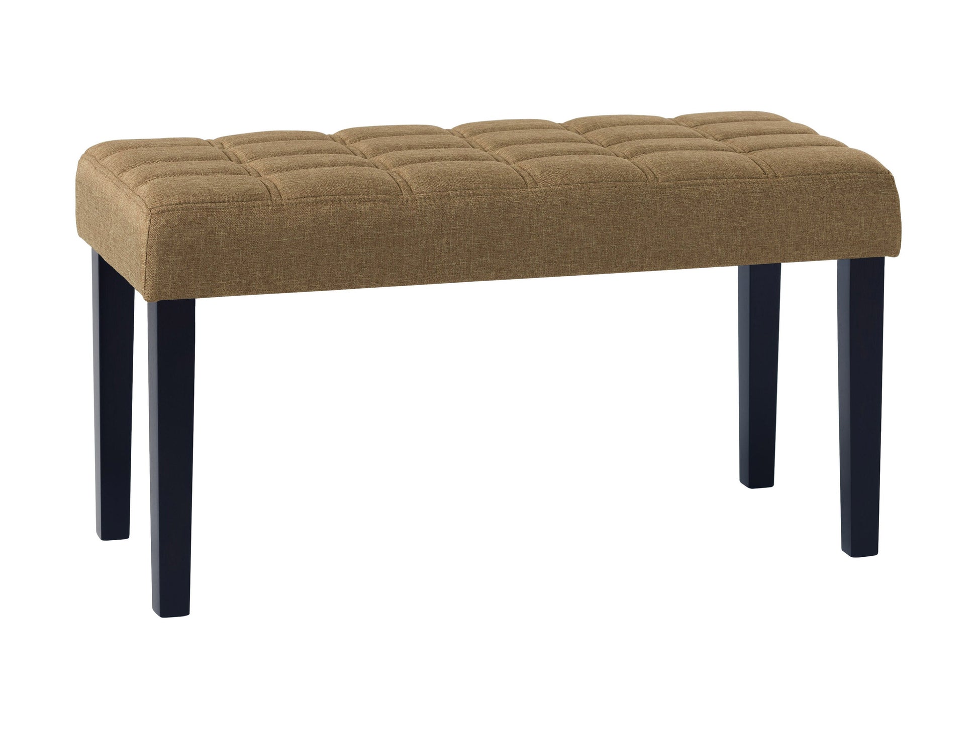 Beige entryway bench with cushioned seat, wooden legs, and slatted lower shelf for storage. Ideal for hallways, foyers, or mudrooms.