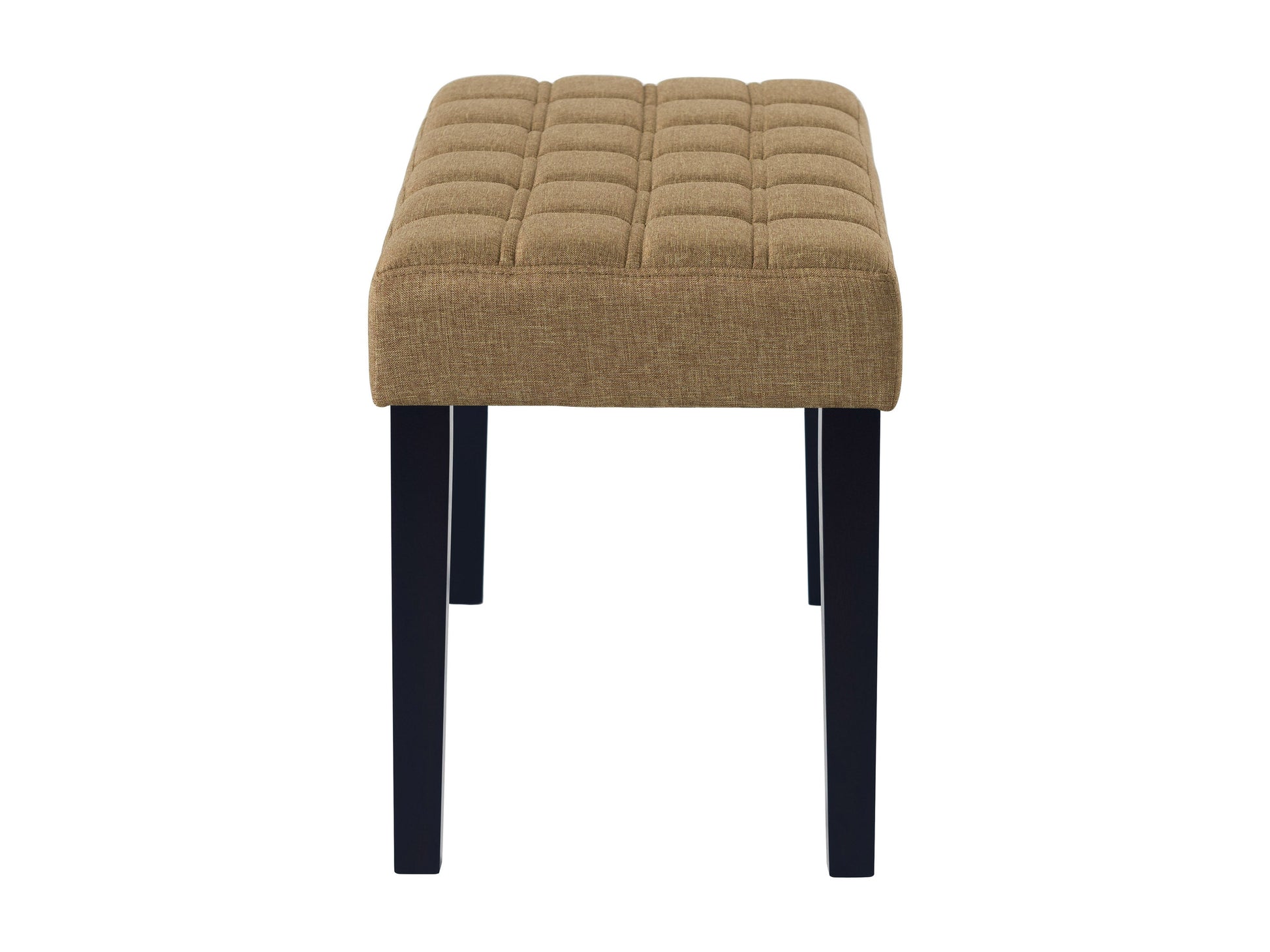 Beige entryway bench with cushioned seat, wooden legs, and slatted lower shelf for storage. Ideal for hallways, foyers, or mudrooms.
