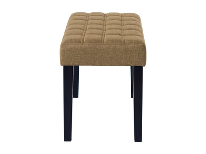 Beige entryway bench with cushioned seat, wooden legs, and slatted lower shelf for storage. Ideal for hallways, foyers, or mudrooms.