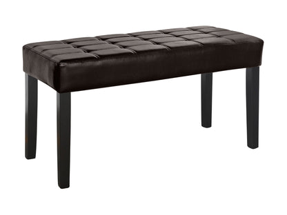Brown leather bench with tufted seat, wooden legs, sleek modern design, and brass nailhead trim. Perfect for living rooms, entryways, or bedrooms. Durable, stylish, and comfortable seating solution.