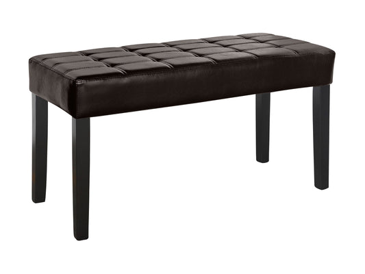 Brown leather bench with tufted seat, wooden legs, sleek modern design, and brass nailhead trim. Perfect for living rooms, entryways, or bedrooms. Durable, stylish, and comfortable seating solution.
