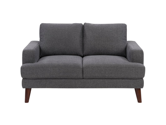 Dark grey modern loveseat with sleek lines, plush cushions, and wooden legs. Upholstered in soft, durable fabric, perfect for contemporary living rooms.