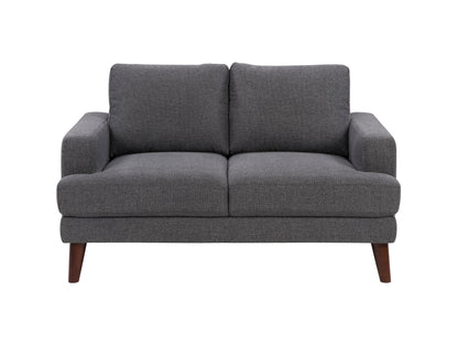Dark grey modern loveseat with sleek lines, plush cushions, and wooden legs. Upholstered in soft, durable fabric, perfect for contemporary living rooms.