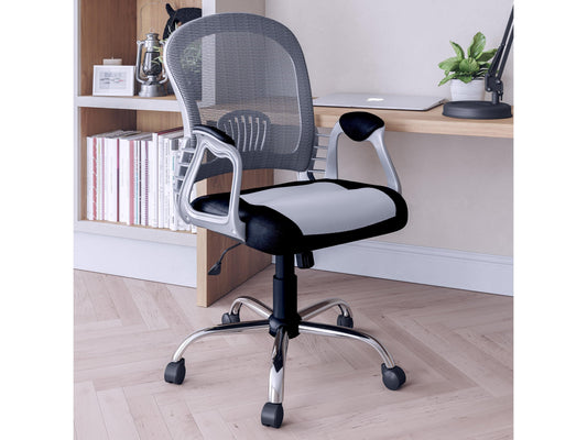 Modern swivel office chair with ergonomic design, featuring a black mesh backrest, cushioned seat, and adjustable armrests. Ideal for home or office use, offering comfort and support for long hours of work.