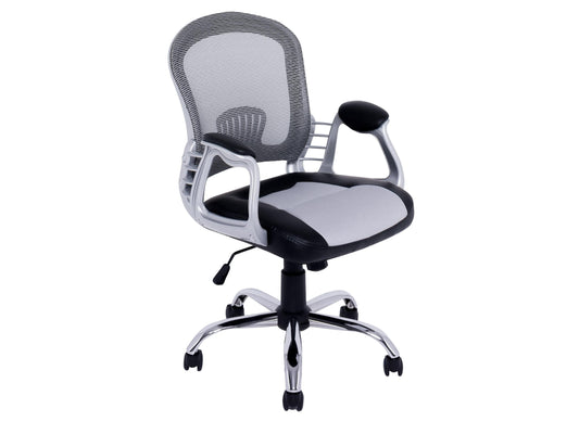 Modern black leather swivel office chair with ergonomic design, adjustable height, padded armrests, and chrome base.