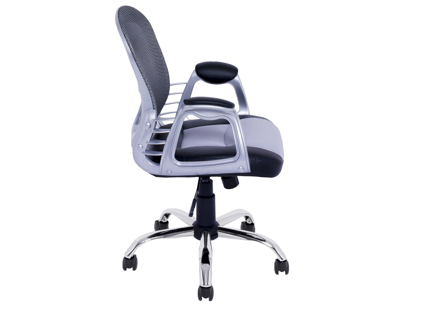 Ergonomic grey swivel office chair with padded seat, adjustable armrests, and mesh backrest for breathable comfort, ideal for home or office workspace.