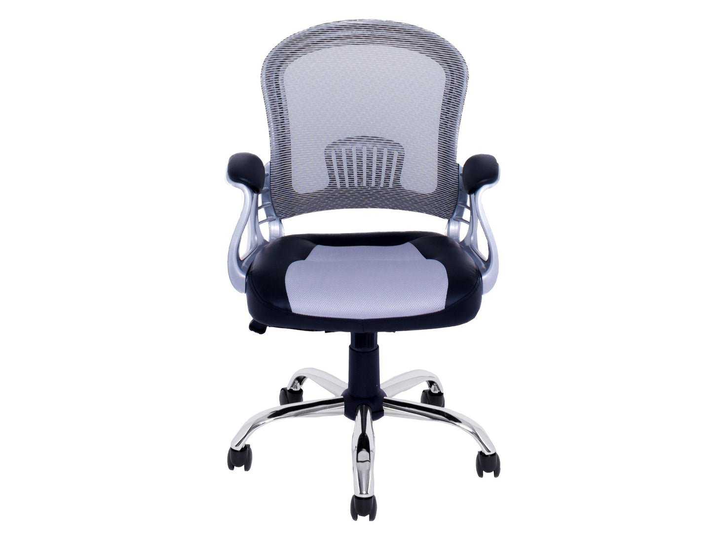 Modern black leather swivel office chair with ergonomic design, padded armrests, and chrome base, perfect for home or office use.
