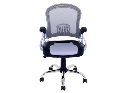 Modern black leather swivel office chair with ergonomic design, padded armrests, and chrome base, perfect for home or office use.