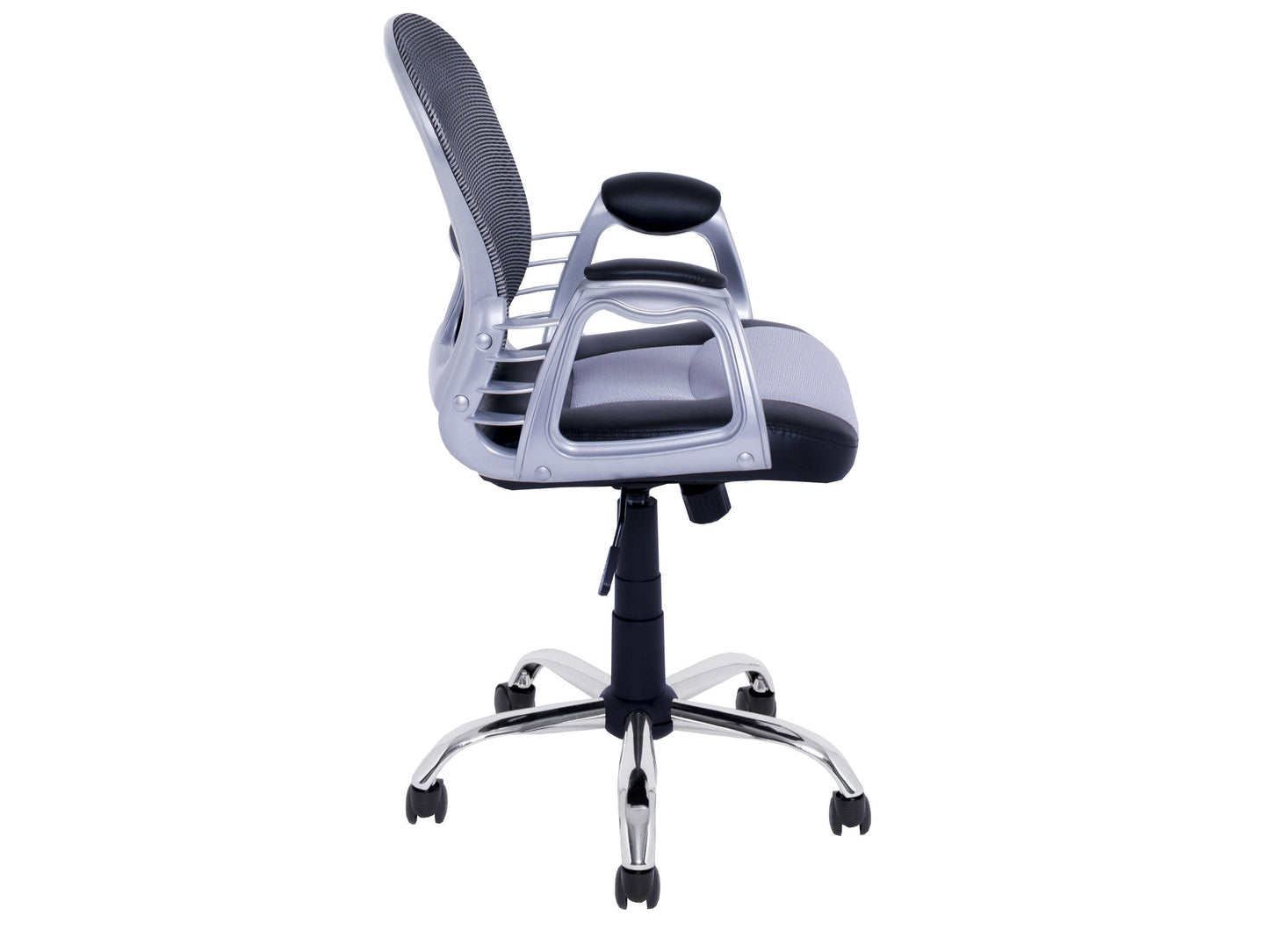Modern Swivel Office Chair with ergonomic design, featuring a sleek black leather seat, adjustable armrests, and a chrome base. Ideal for home or office use, providing comfort and style for long hours of work.