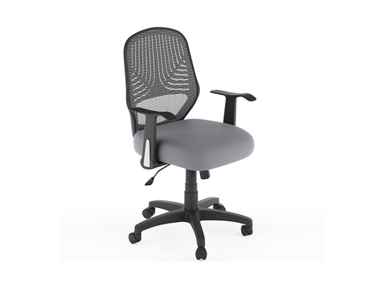 Grey mesh office chair with ergonomic design, adjustable armrests, lumbar support, and swivel base. Ideal for home or office use, providing comfort and breathability for long hours of work.