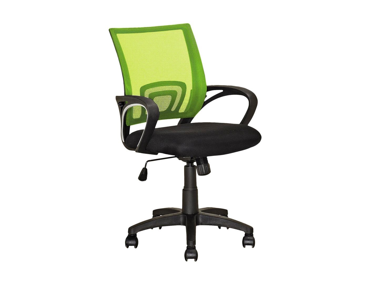 Lime green mesh back office chair with ergonomic design, adjustable height, and black armrests on a five-wheel base.