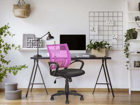 Pink mesh back office chair with ergonomic design, adjustable height, swivel base, and cushioned seat. Ideal for home or office use, providing comfort and support during long working hours.