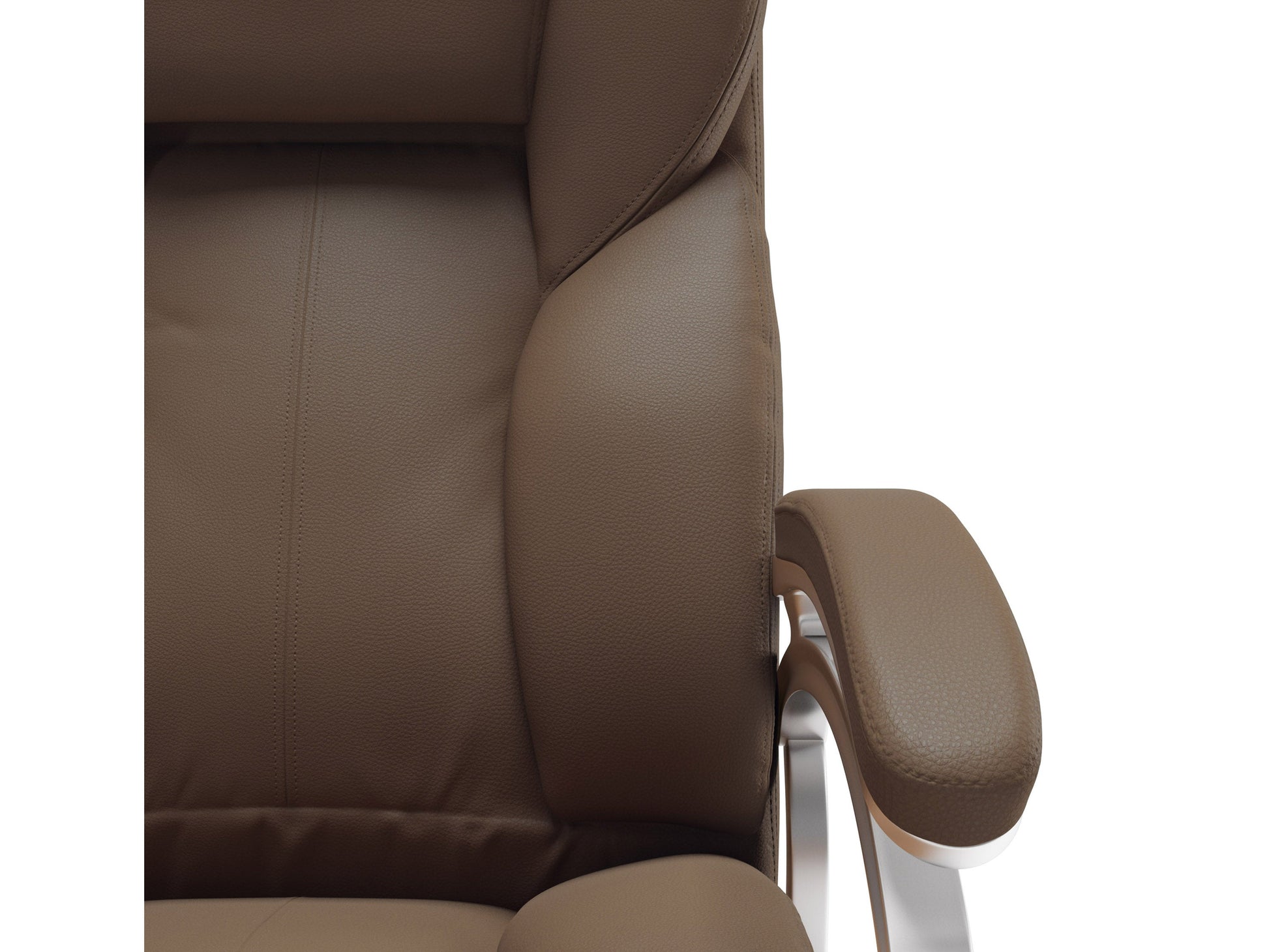 Caramel brown executive office chair with ergonomic design, high backrest, plush leather upholstery, adjustable armrests, and chrome base. Ideal for home office or professional workspace.