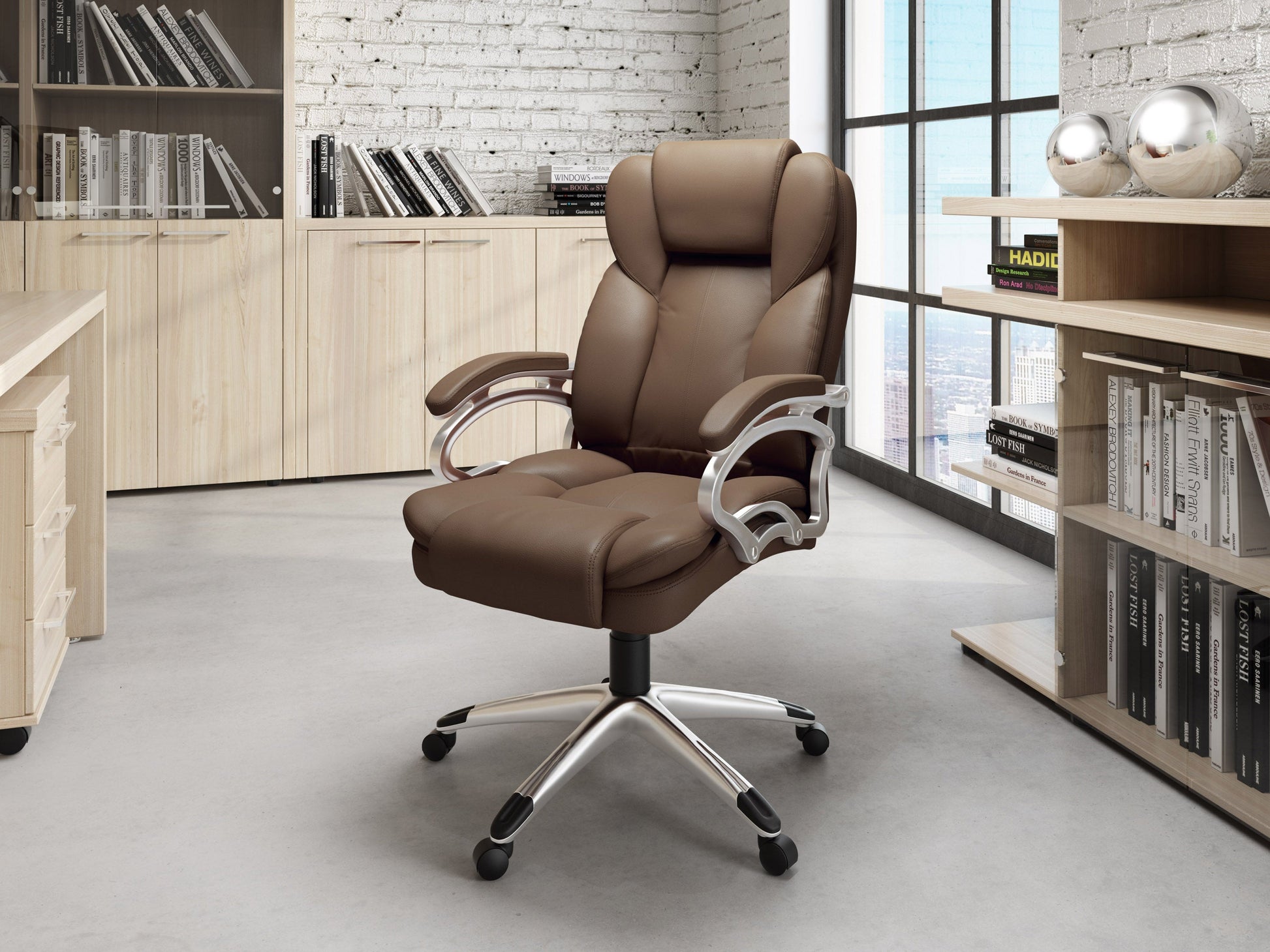 Caramel brown executive office chair with ergonomic design, high backrest, plush leather upholstery, adjustable armrests, and chrome base. Ideal for home office or professional workspace.