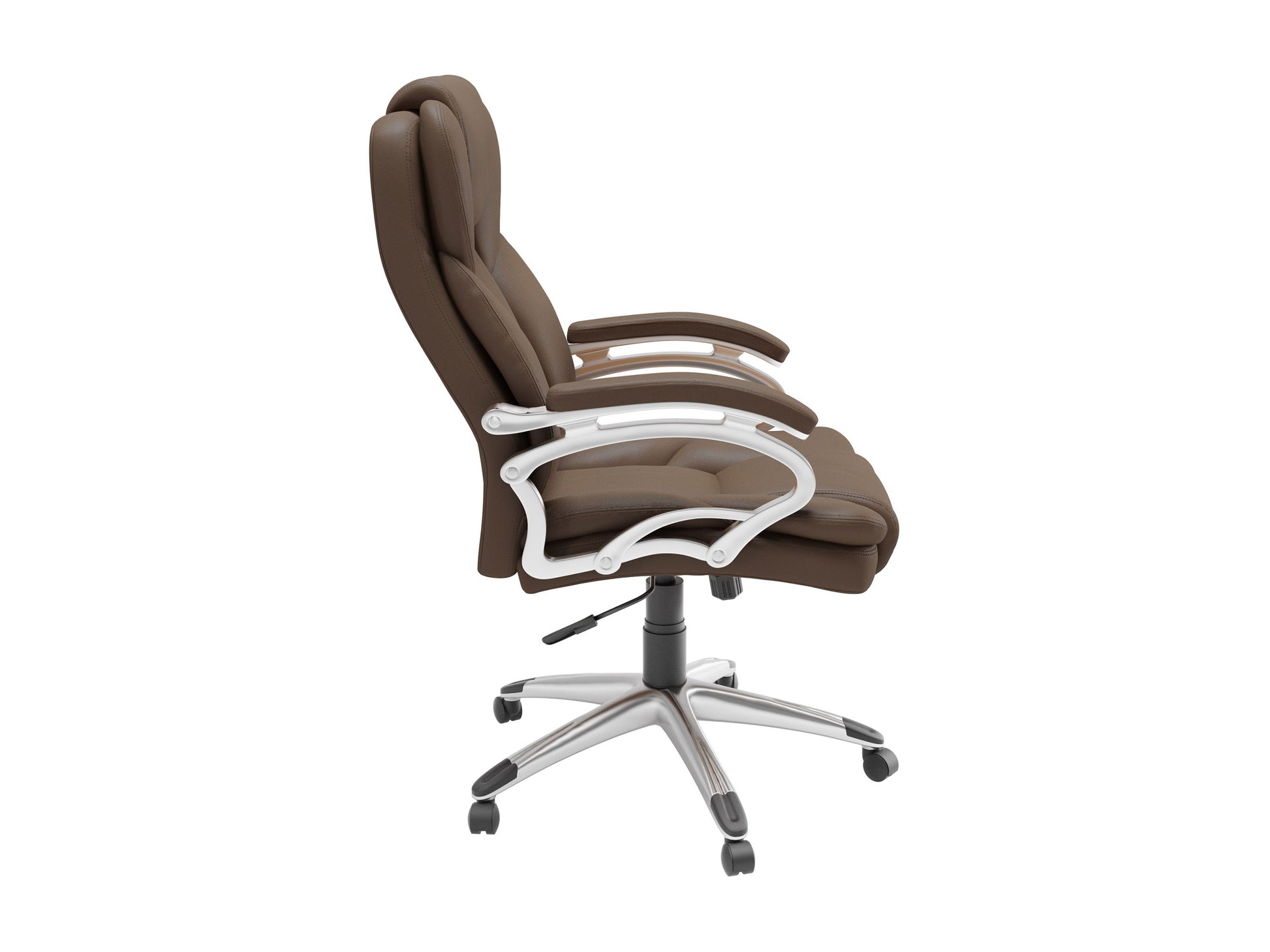 Caramel brown executive office chair with ergonomic design, high backrest, plush leather upholstery, adjustable armrests, and chrome base. Ideal for home office or professional workspace.
