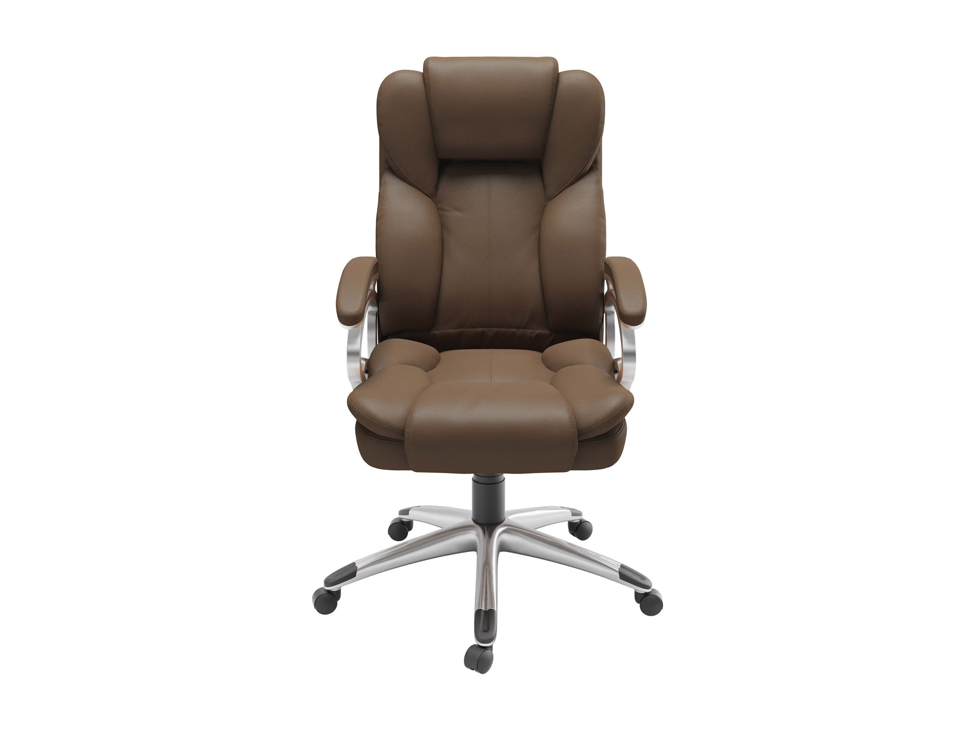 Caramel brown executive office chair with ergonomic design, high backrest, plush leather upholstery, adjustable armrests, and chrome base. Ideal for home office or professional workspace.