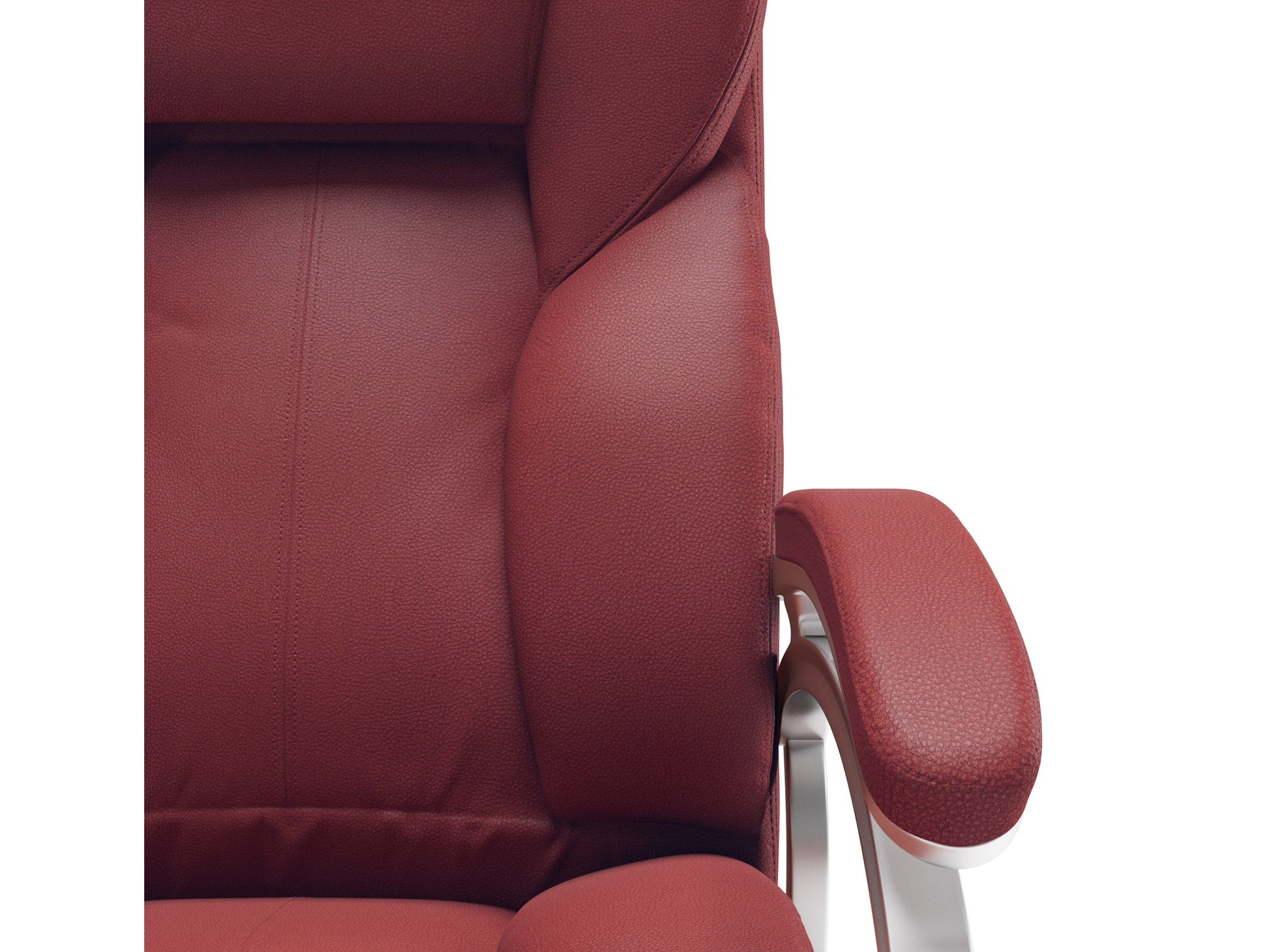 Brick red executive office chair with ergonomic design, adjustable height, padded armrests, and lumbar support. Upholstered in soft, textured fabric with a sturdy metal base and smooth-rolling casters.