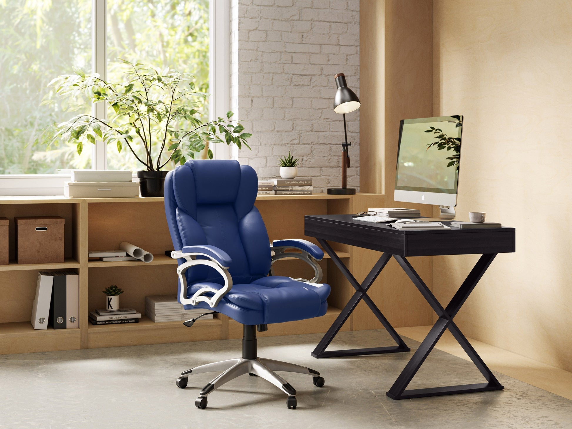 Cobalt blue executive office chair with ergonomic design, adjustable armrests, high back support, breathable mesh fabric, and chrome base. Ideal for modern home offices and professional workspaces.