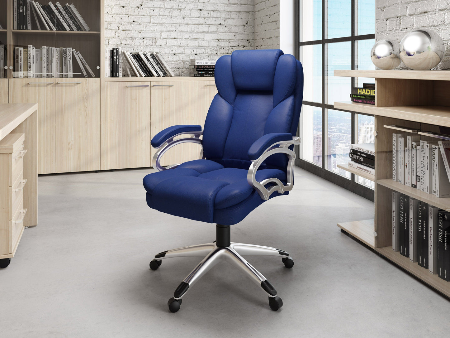Cobalt blue executive office chair with ergonomic design, adjustable armrests, high back support, breathable mesh fabric, and chrome base. Ideal for modern home offices and professional workspaces.