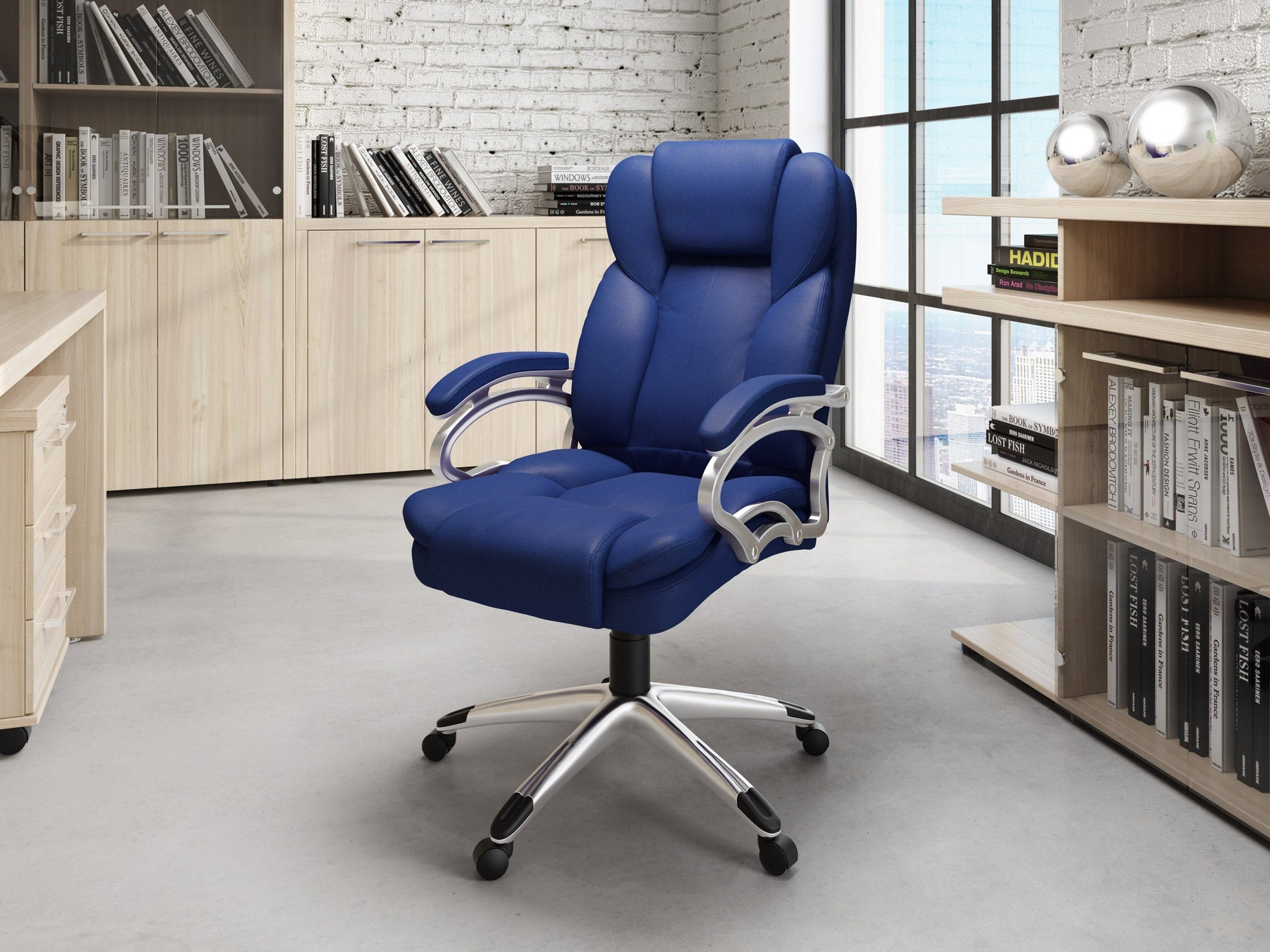 Cobalt blue executive office chair with ergonomic design, adjustable armrests, high back support, breathable mesh fabric, and chrome base. Ideal for modern home offices and professional workspaces.