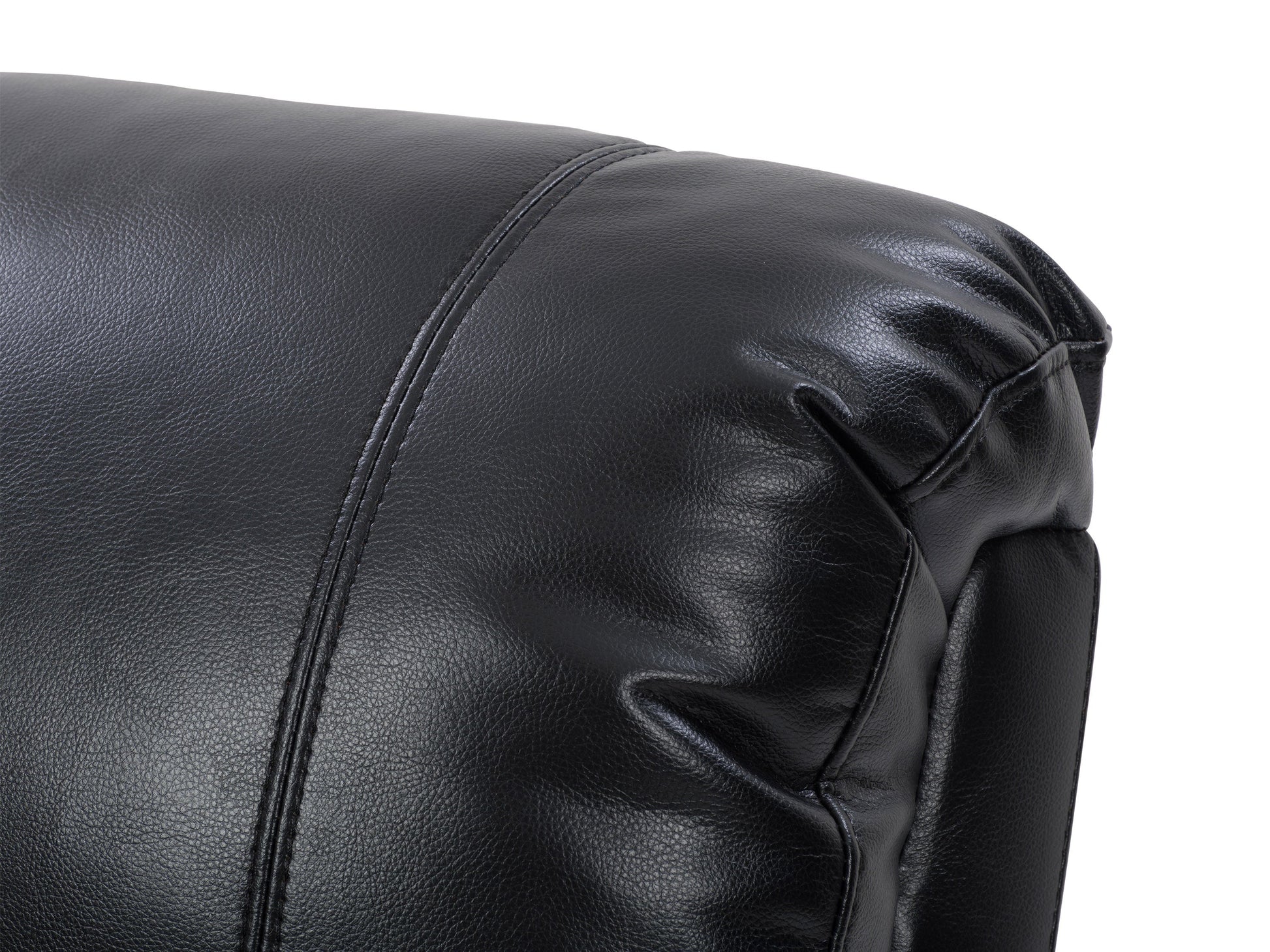 Black leather power recliner with cup holder, plush cushioning, and sleek design. Features include adjustable headrest, ergonomic armrests, and smooth reclining mechanism for ultimate comfort.