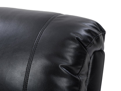 Black leather power recliner with cup holder, plush cushioning, and sleek design. Features include adjustable headrest, ergonomic armrests, and smooth reclining mechanism for ultimate comfort.