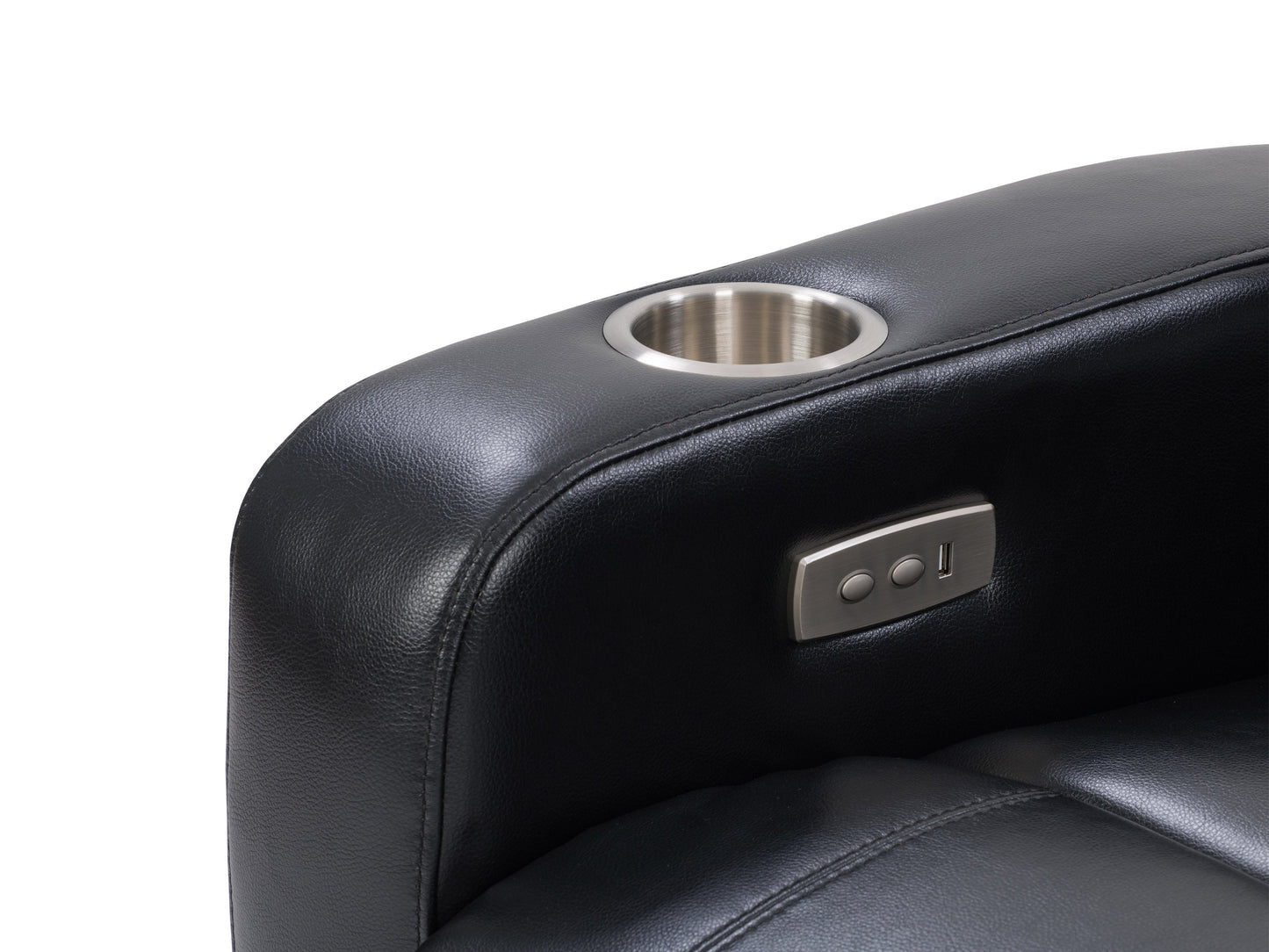 Black leather power recliner with cup holder, plush cushioning, and sleek design. Features include adjustable headrest, ergonomic armrests, and smooth reclining mechanism for ultimate comfort.